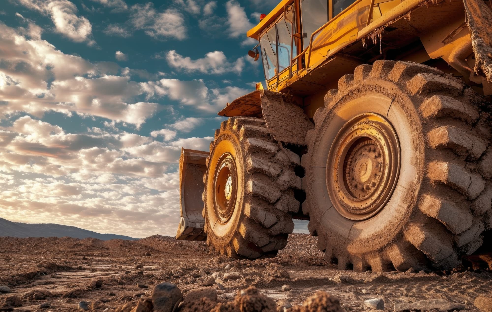 Close-up of a wheel loader's mud-caked tire at a quarry site under a dramatic sky